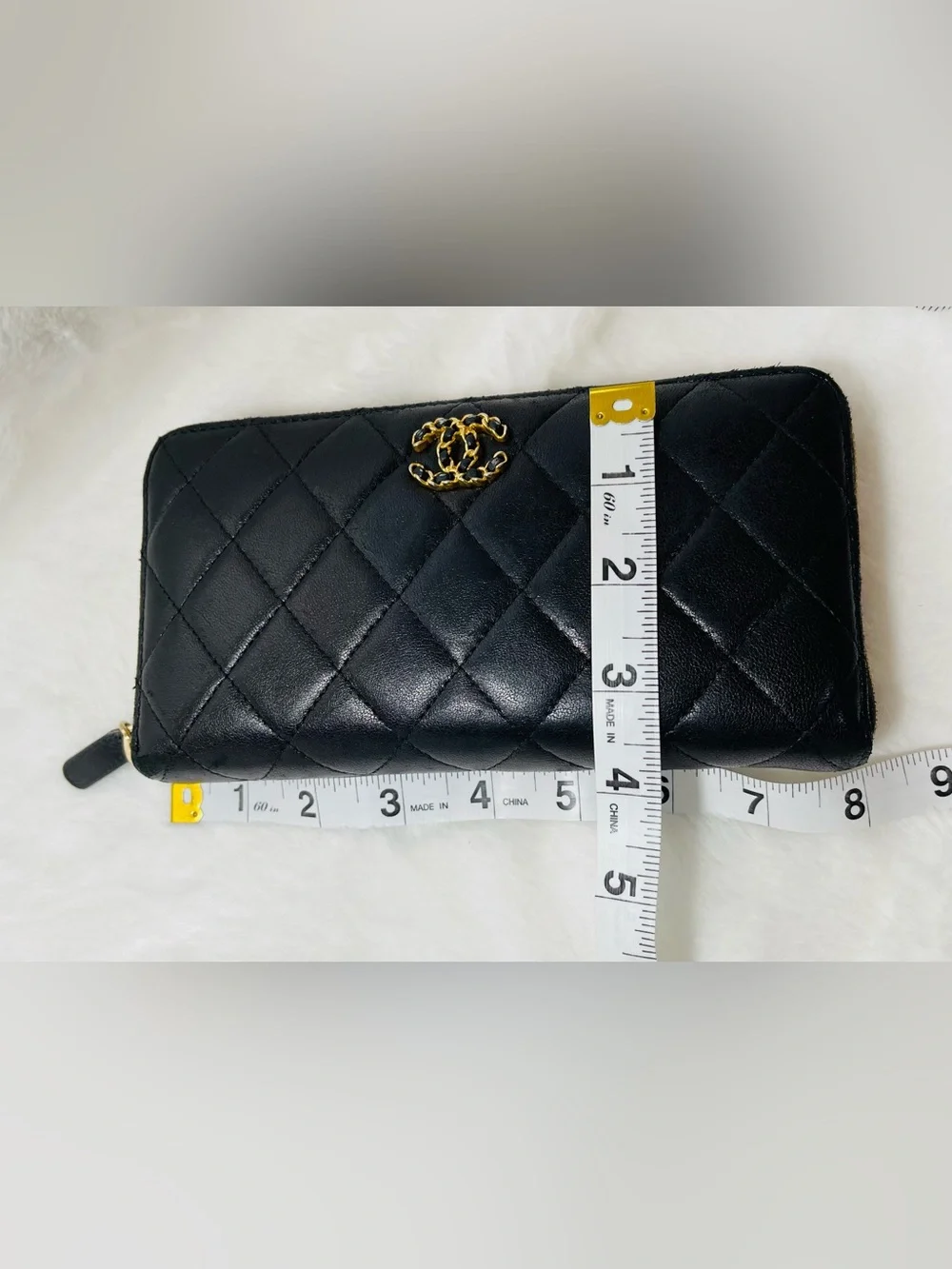 Chanel Authentic Quilted Black Leather Zip Wallet with Gold Chain Accent